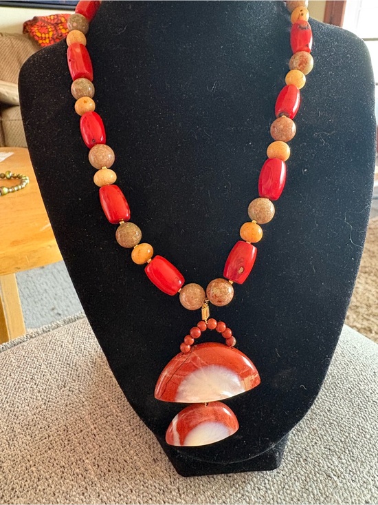 Hand Crafted Jewelry - Hand Crafted Coral Beads With Carnelian Pendant Necklace